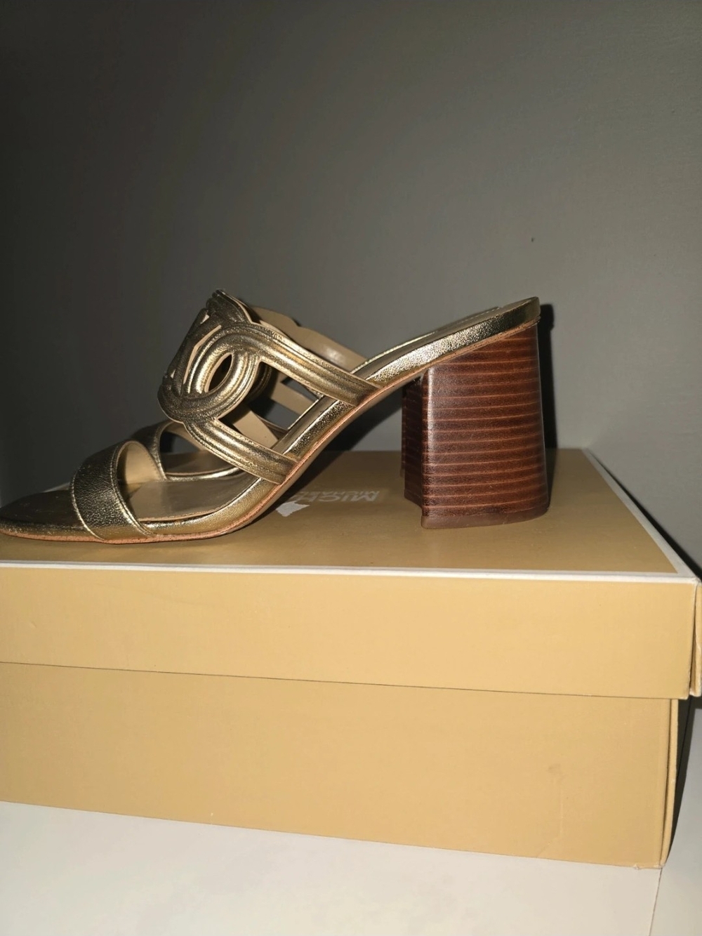 Michael Kors Gold Leather Block Heel Slide Sandals